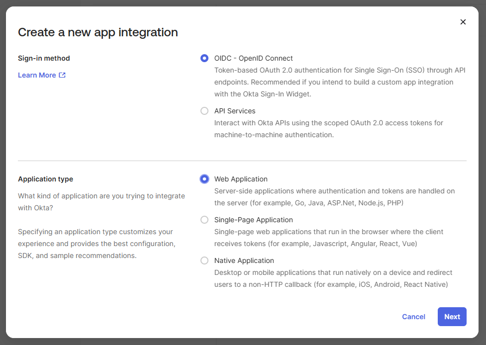 Create app integration in Okta
