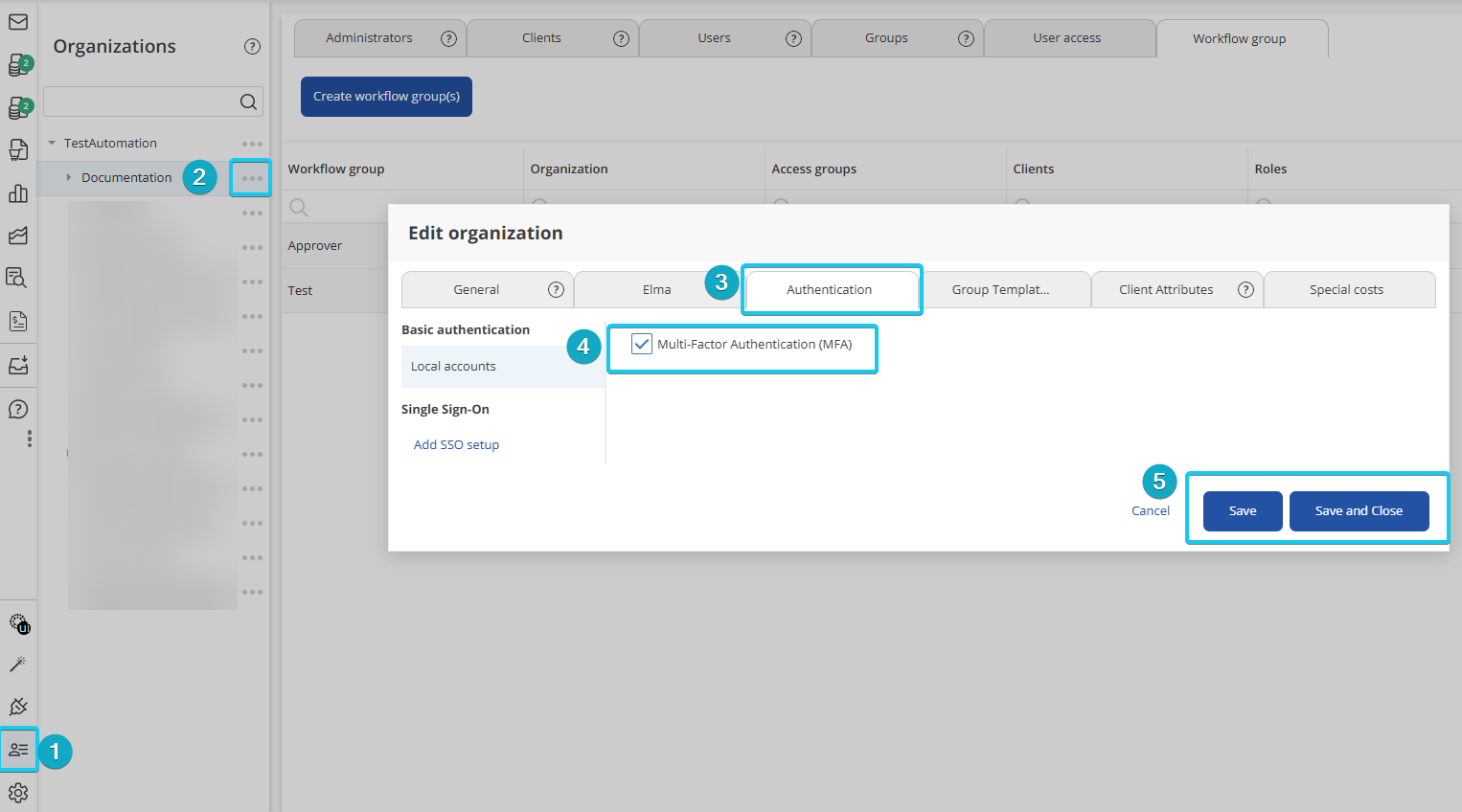 Authentication settings showing the Multi-Factor Authentication option