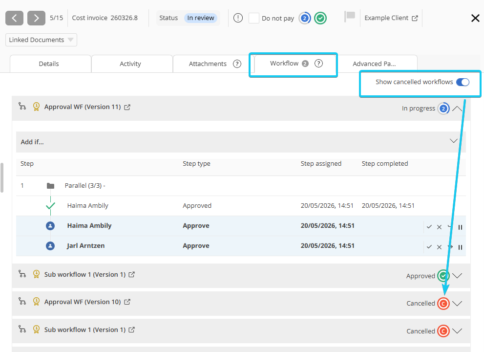 Show cancelled workflows toggle